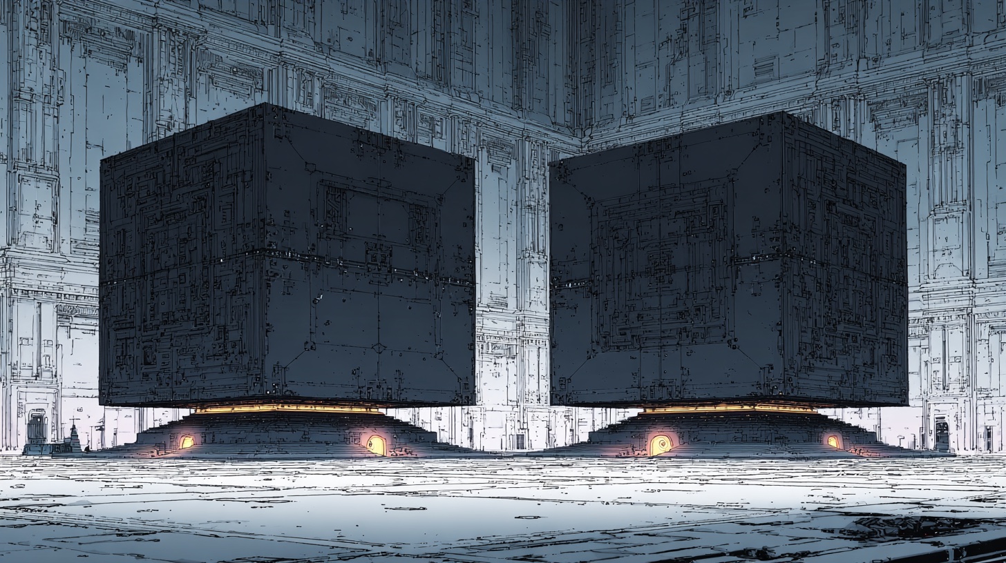 Two huge dark cubes facing each other in a vast brutalist hall, faint amber glow seeping from beneath each — armor across from armor, neither willing to admit it