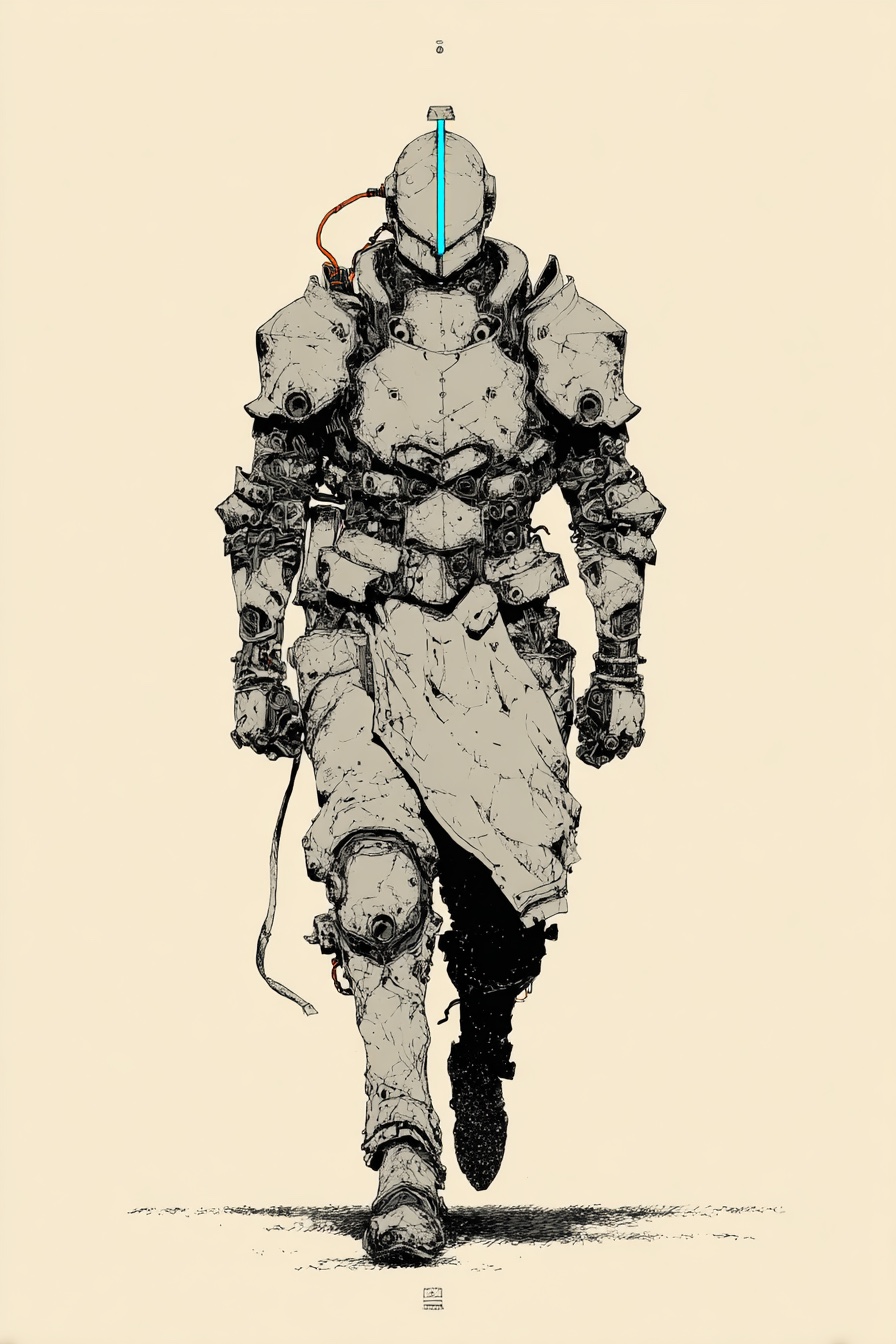 A lone armored figure walking forward through pale empty space, a single cyan slit lit through the helmet — the moment the brush stepped out of the box