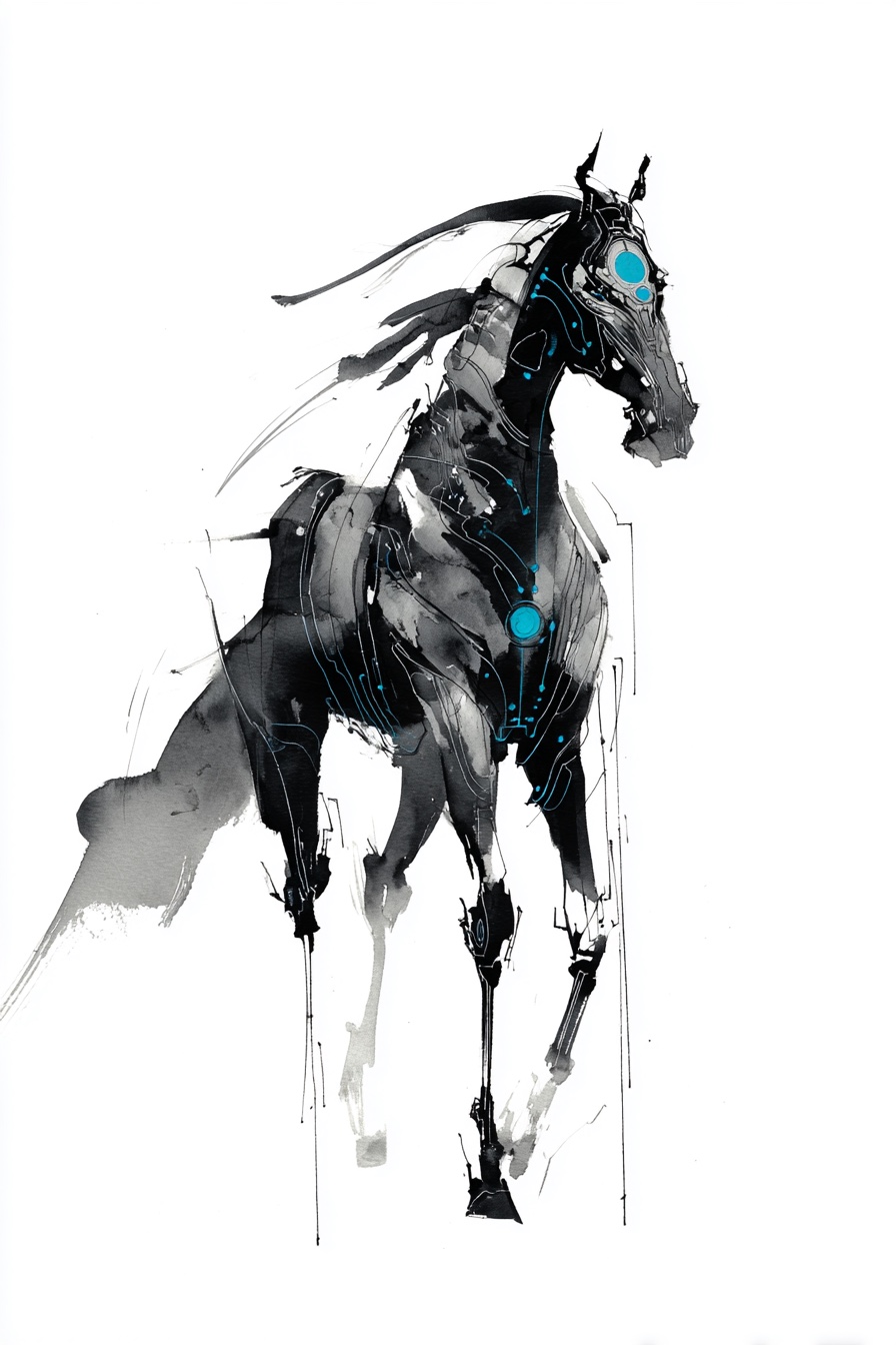 A cybernetic samurai-armored warhorse rendered in ink wash with fine cyan circuitry — the partner standing, waiting to be ridden