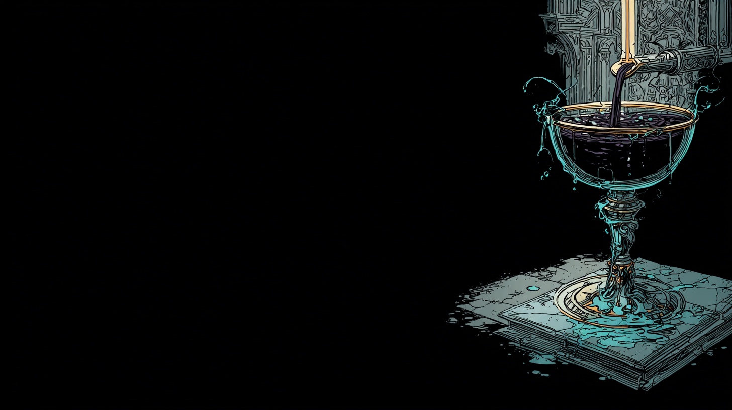 A tall glass holding a deep dark concentrate at the bottom while a thin stream of water falls from above — the dilution mid-pour, ten pours from being water that remembers nothing