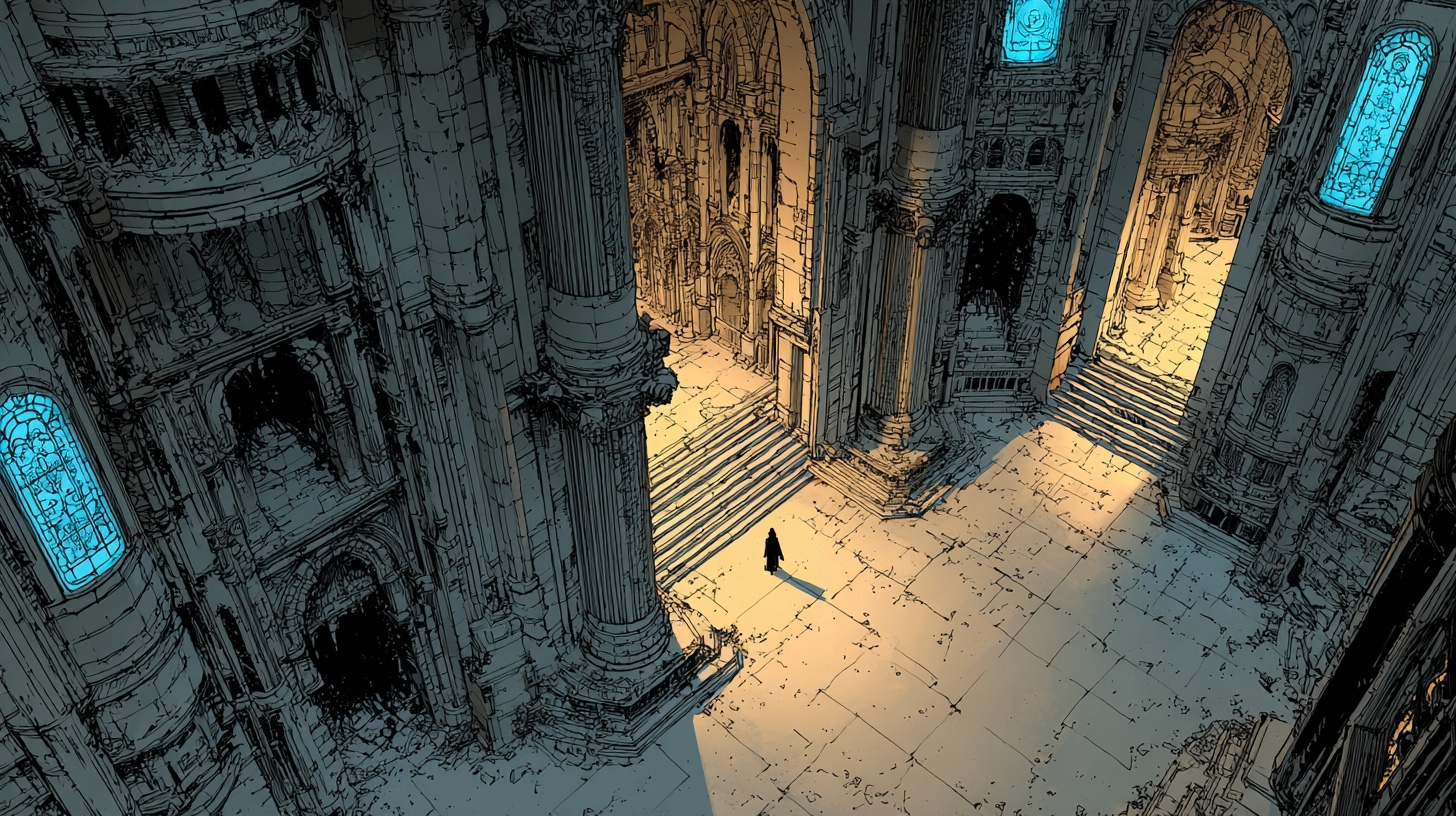 A solitary figure standing inside a vast brutalist cathedral chamber, late afternoon light spilling through stained-glass arches in cyan and amber — a place arrived at after a long crossing