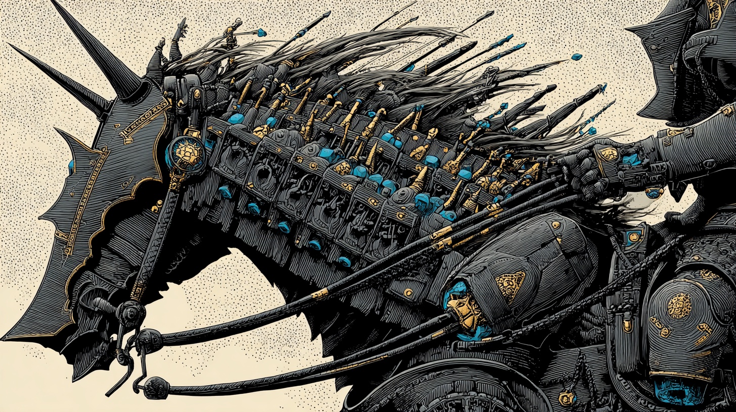 Detailed view of a barded warhorse saddle fitted with thirty small armament slots — compact weapons, sealed scrolls, small grimoires, crystalline shards lined along the cantle, gold trim and cyan accents